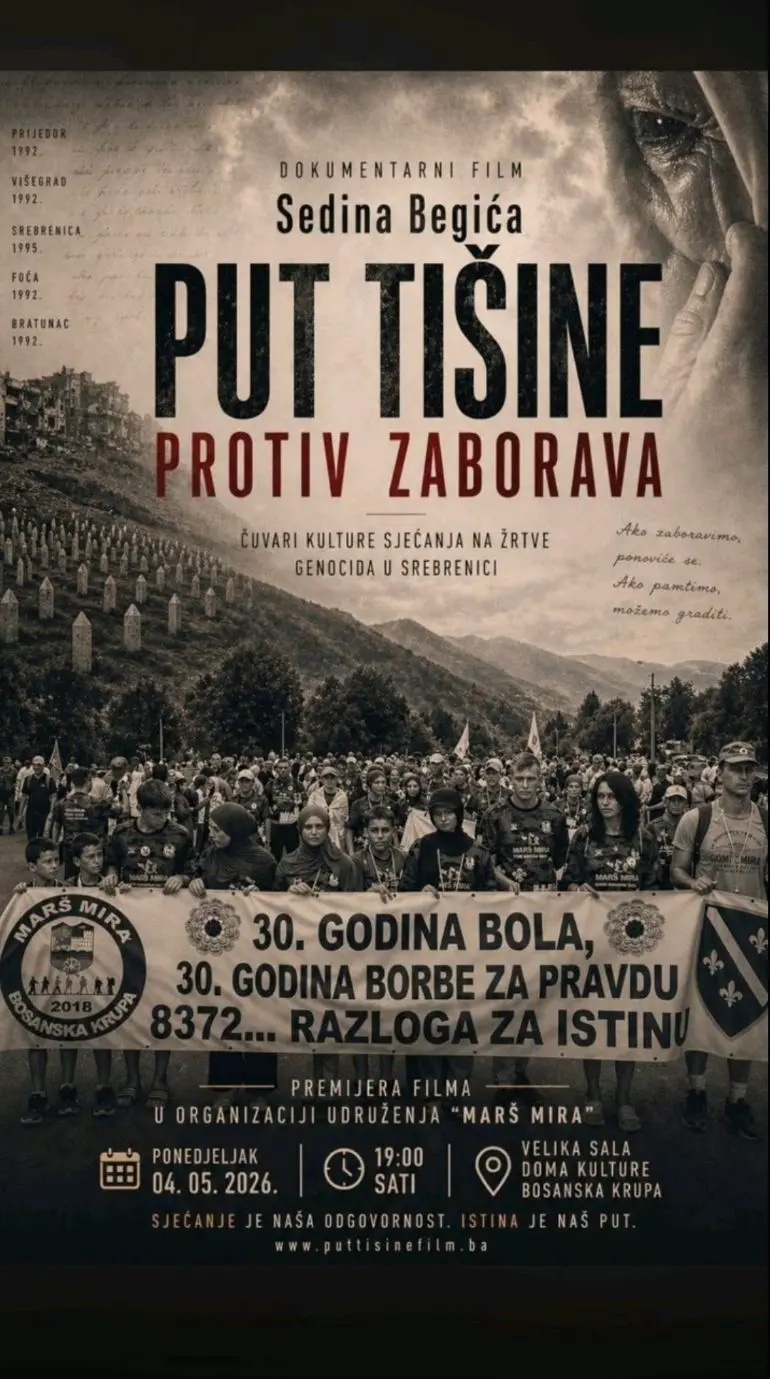 U ponedjeljak premijera dokumentarnog filma: „Put tišine protiv zaborava“ Dokumentarni film u trajanju od 00:25 minuta prikazaće put borbe za život ljudi u Srebrenici, krvav i trnovit put od Nezuka do Potočara!