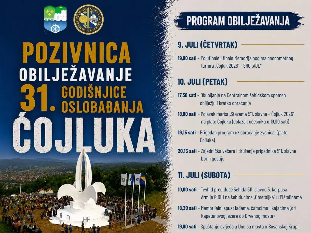 31.godišnjica oslobađanja Ćojluka: Program obilježavanja od 9. do 11. jula U Bosanskoj Krupi od 9. do 11. jula bit će obilježena 31. godišnjica oslobađanja Ćojluka. Pogledajte kompletan program manifestacije, marša, tevhida i memorijalnih aktivnosti.
