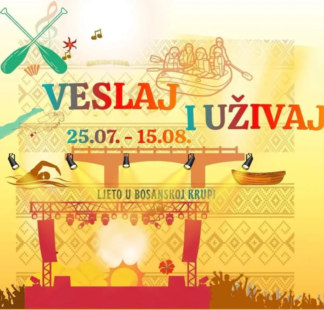 Veslaj i uživaj 2026. – Ljeto puno događaja u Bosanskoj Krupi Od 25. jula do 15. augusta Bosanska Krupa domaćin je manifestacije „Veslaj i uživaj 2026.“. Očekuju vas regate, Unski lađari, koncerti Denijala Ahmetovića, Adija Šošeta, Mirze Selimovića i Zabranjenog pušenja.