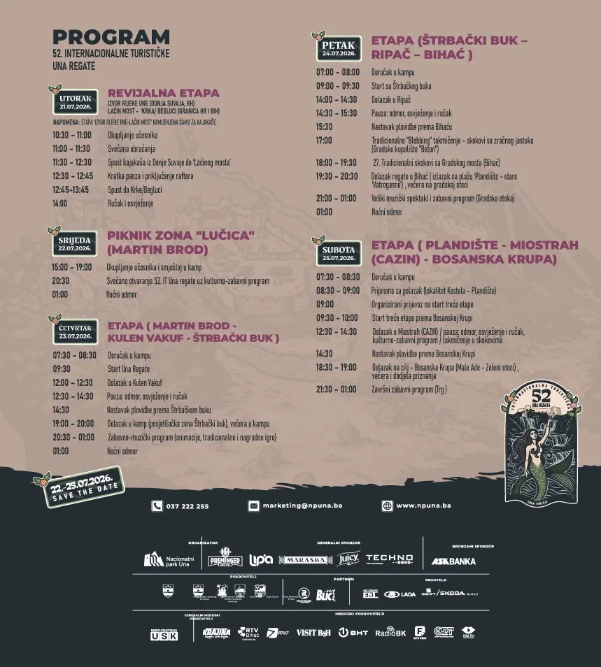 Internacionalna turistička Una regata: Bosanska Krupa domaćin završne etape Nacionalni park Una i ove godine organizuje tradicionalnu, 52. Internacionalnu turističku Una regatu, koja će biti održana od 21. do 25. jula 2026. godine na rijeci Uni.