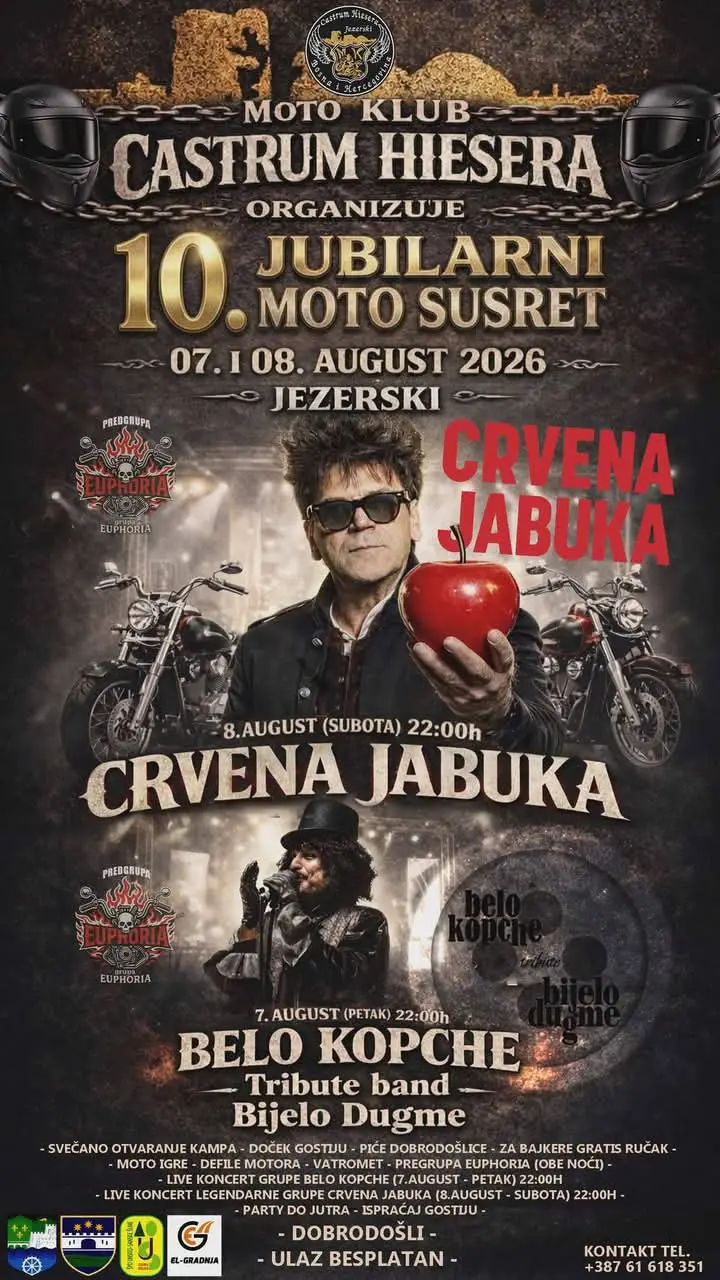 Jezerski domaćin 10. jubilarnog Moto susreta: Crvena jabuka i Belo Kopche za veliki bajkerski vikend Moto klub Castrum Hesera organizuje 10. jubilarni Moto susret u Jezerskom 7. i 8. augusta. Nastupaju Crvena jabuka, Belo Kopche i Euphoria.