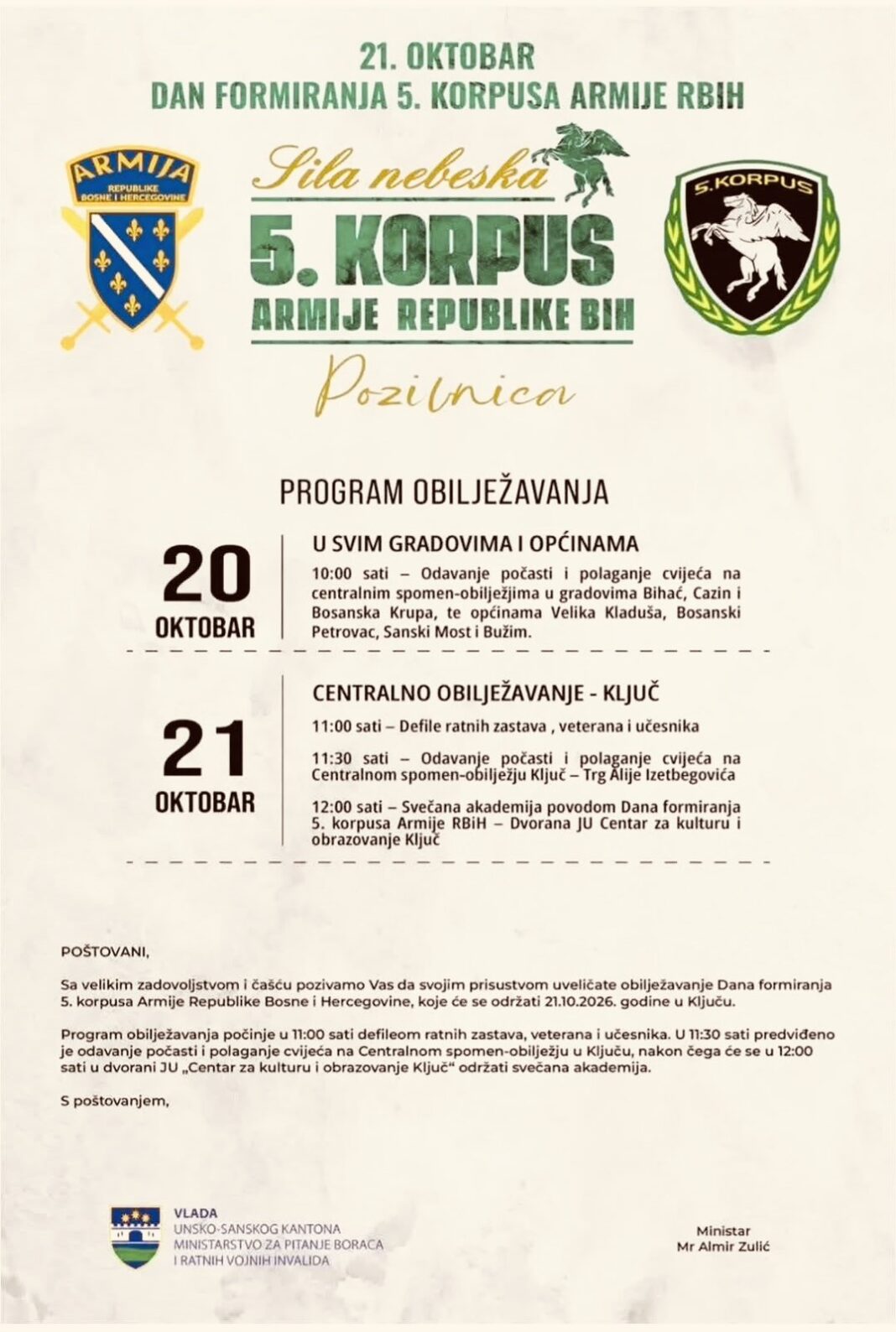 Obilježavanje 34. godišnjice formiranja 5. korpusa Armije RBiH – centralna svečanost u Ključu Obilježavanje 34. godišnjice formiranja 5. korpusa Armije RBiH – centralna svečanost u Ključu